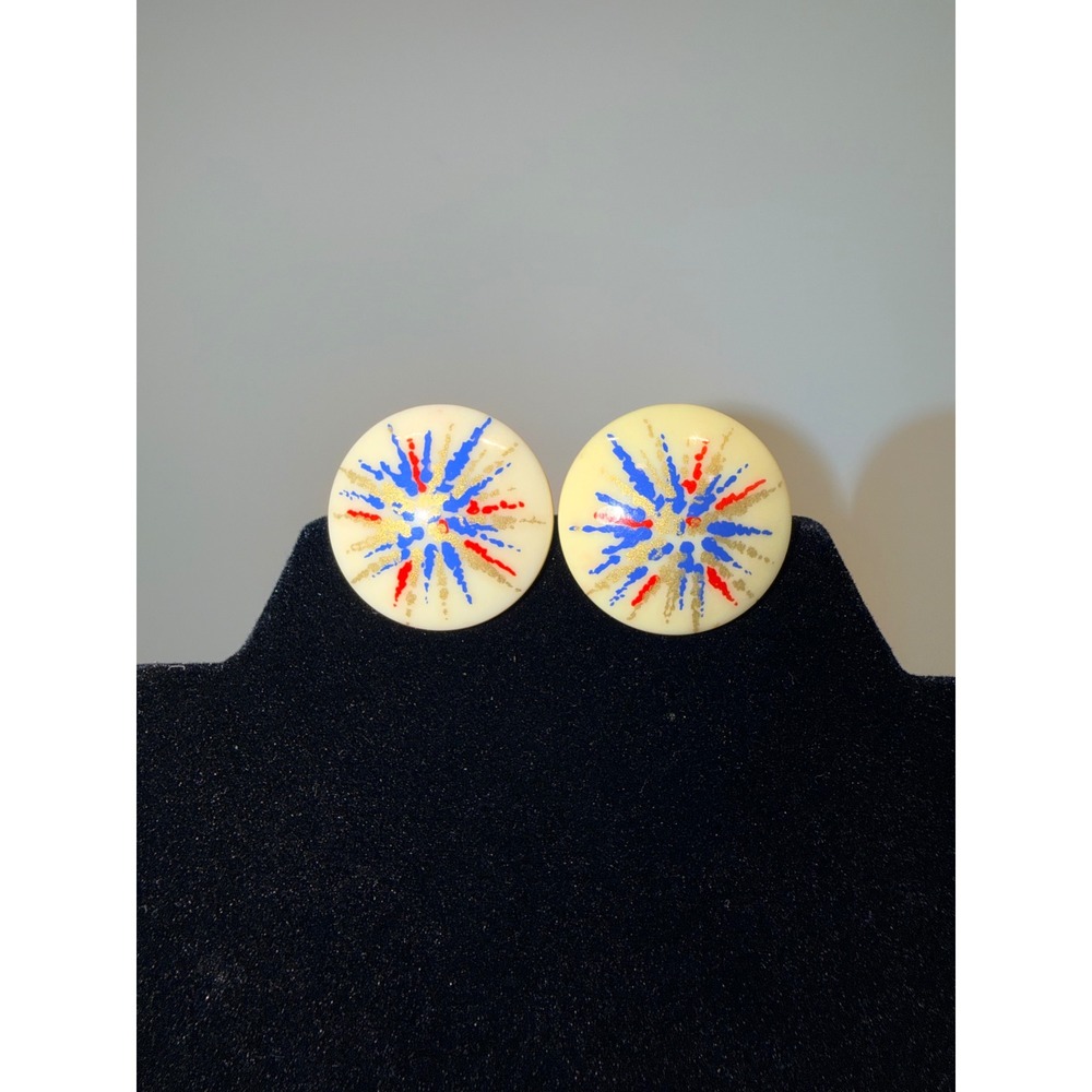 Vintage Hand Painted Starburst Firework Clip On Button Earrings Cream Red Blue